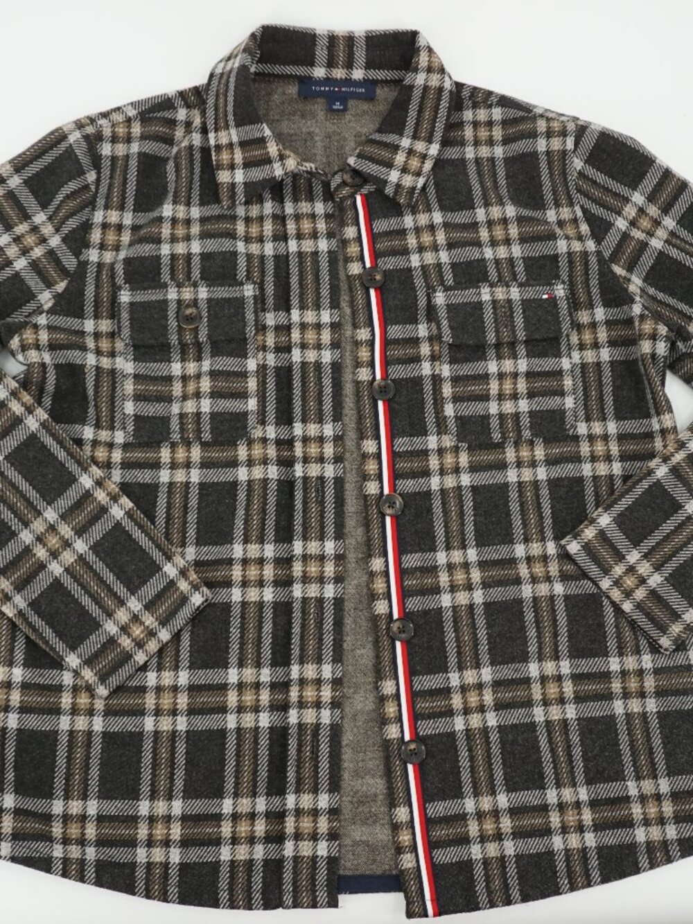 Tommy Hilfiger Men's Stretch Plaid Shirt / Jacket Gray & Tan Size Medium